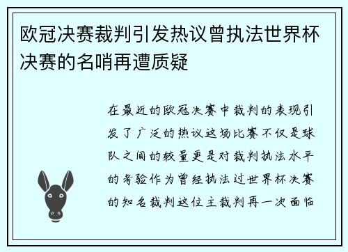 欧冠决赛裁判引发热议曾执法世界杯决赛的名哨再遭质疑