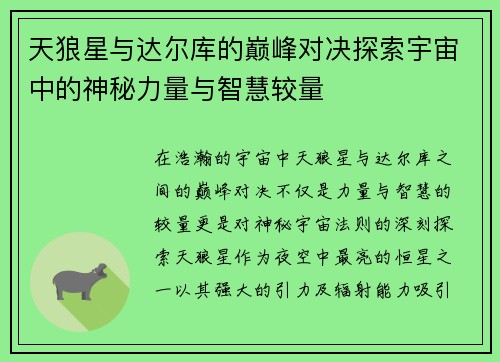天狼星与达尔库的巅峰对决探索宇宙中的神秘力量与智慧较量