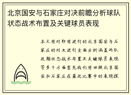 北京国安与石家庄对决前瞻分析球队状态战术布置及关键球员表现