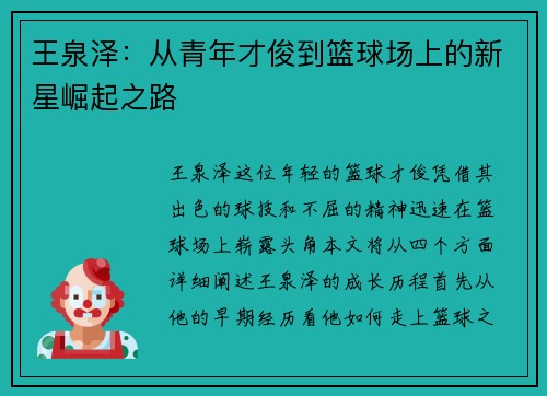 王泉泽：从青年才俊到篮球场上的新星崛起之路
